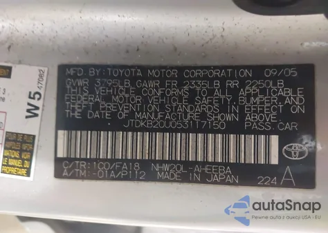 2005 Toyota Prius z USA, uszkodzony, nr VIN JTDKB20U053117150